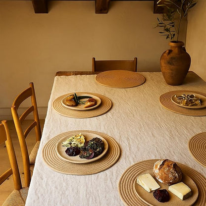Round Woven Placemats Set of 8 Heat Resistant Placemats 13.5 Inches Farmhouse Cotton Rope Place Mats for Dining Tables Trivets for Hot Dishes, Brown