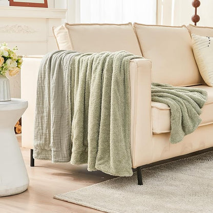EMME Muslin and Fleece Throw Blanket Reversible - 50"*60" Sage Green Soft Warm Throw Blankets for Couch Bed Picnic Travel Bed