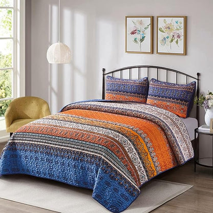 WONGS BEDDING Boho Fall Quilt Full Size, 3 Pieces Orange Blue Bohemian Lightweight Microfiber Bed Decor Bedspread for All Season 78"x90" (Blue Orange, Full)