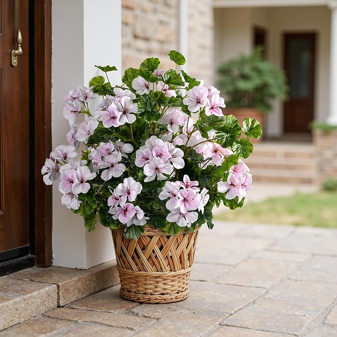 Artificial Flowers for Outdoors 17.7In Artificial Geraniums for Indoor Fake Flowers 4PCS Uv Resistant Artificial Outdoor Flowers for Indoor Home Decor Outdoor Garden Decoration(Pinkish White)