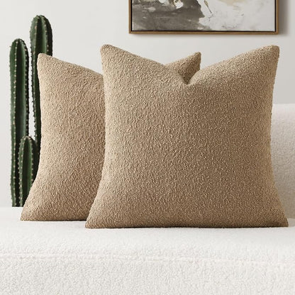 FUTEI Pack of 2 Khaki Decorative Throw Pillow Covers 24x24 Inch Soft Cozy Solid Boucle Textured European Cushion Case,Modern Home Decor for Couch Bed Living Room