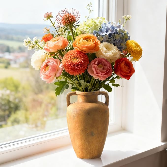 Rustic Vase, Ceramic Flower Vase for Centerpieces, 8.85 inch Large Decorative Terracotta Vintage Vases, Farmhouse Rustic Vases for Home Decor, Living Room, Table, Neutral