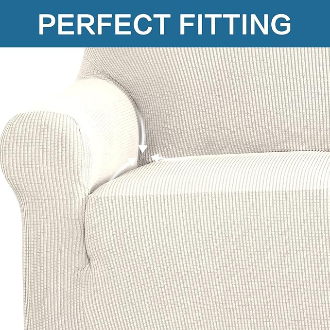 H.VERSAILTEX Stretch Couch Cover 2 Cushion Sofa Loveseat Slipcover|Sofa Cover for Love seat 1 Piece with Elastic Bottom, Textured Checked Jacquard Fabric(Loveseat 58"-70" Wide, Ivory)
