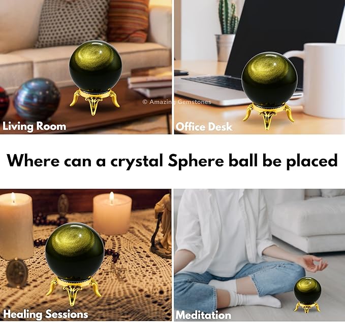 Amazing Gemstone Golden Sheen Obsidian Crystal Ball with Stand - 1.5 Inches Crystal Sphere Meditation Balls for Witchcraft and Decorative Balls
