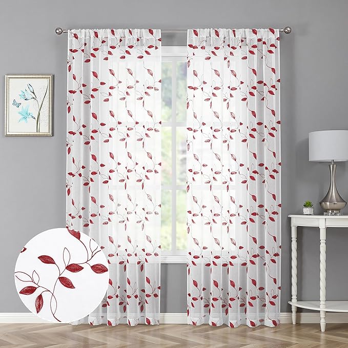 Tollpiz Burgundy Red Leaf Sheer Curtains Leaves Embroidered Bedroom Curtain Rod Pocket Voile Window Treatment for Living Room, 54 x 84 inches Long, Set of 2 Panels