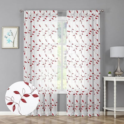 Tollpiz Burgundy Red Leaf Sheer Curtains Leaves Embroidered Bedroom Curtain Rod Pocket Voile Window Treatment for Living Room, 54 x 84 inches Long, Set of 2 Panels