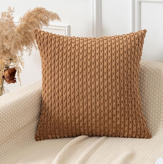 Kevin Textile Throw Pillow Covers Soft Corduroy Decorative Set of 2 Boho Striped Pillow Covers Pillowcases Farmhouse Home Decor for Couch Bed Sofa Living Room 18x18 Inch Khaki