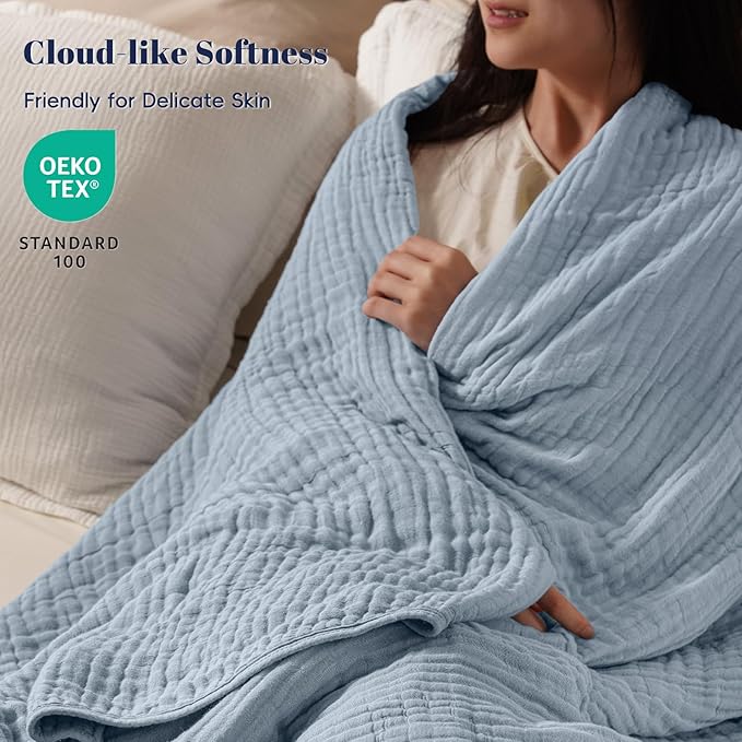 PHF Cooling Muslin Blanket Queen Size 90"x80", 6-Layer Lightweight Gauze Blanket Made from 35% Rayon Derived from Bamboo & 65% Cotton, Breathable & Ultra Soft Cozy for Hot Sleepers, Dusty Blue