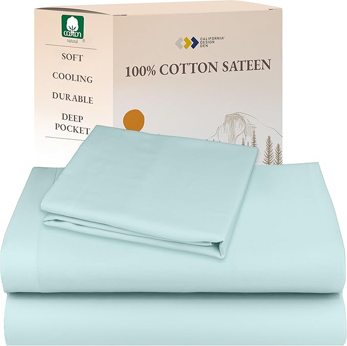 California Design Den Twin Bed Sheets Set - Natural 100% Cotton Sheets with Deep Pockets, Soft Sateen Weave, Breathable and Durable Bedding Set for Dorm Rooms, College (Seafoam)