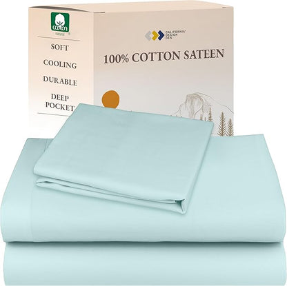 California Design Den Twin Bed Sheets Set - Natural 100% Cotton Sheets with Deep Pockets, Soft Sateen Weave, Breathable and Durable Bedding Set for Dorm Rooms, College (Seafoam)