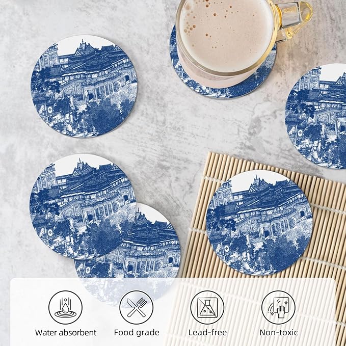6 Pcs Ceramic Coasters with Holder Absorbent Drink Round Blue Chinoiserie Porcelain Inspiration Design for Home Table Coffee Cup Wine Beer Bar,Size 4.4 inches
