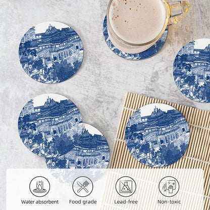 6 Pcs Ceramic Coasters with Holder Absorbent Drink Round Blue Chinoiserie Porcelain Inspiration Design for Home Table Coffee Cup Wine Beer Bar,Size 4.4 inches