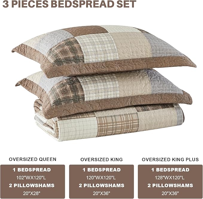 100% Cotton Queen Bedspread 120"x102", Oversized Quilt Bedspread Coverlet Set, Farmhouse Plaid Patchwork Pattern, Reversible Quilted Bedding Set, 3 Pieces, Khaki/Gray/Brown