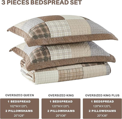 100% Cotton King Bedspread 120"x120", Oversized Quilt Bedspread Coverlet Set, Farmhouse Plaid Patchwork Pattern, Reversible Quilted Bedding Set, 3 Pieces, Khaki/Gray/Brown
