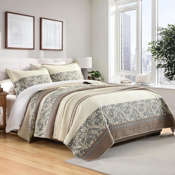 PERHOM King Size Quilt Set, 3 Pieces 100% Cotton King Quilted Bedding with 2 Pillow Shams, Farmhouse Stiped Botanical Pattern, Lightweight Reversible Coverlet Bedspread, Brown/Beige/Gray