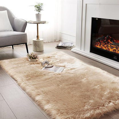 SERISSA Soft Fluffy Area Rug, Beige Faux Sheepskin Fur Rug, Shaggy Rug for Bedroom Floor Fuzzy Carpet for Living Room 4x6 Feet