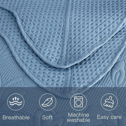 CHIXIN Oversized Bedspread Coverlet Set King Size - Lightweight Bedding Cover - Ultrasonic Quilting - 5 Piece Reversible Bedspread - Vintage Rose Pattern (King, Ashley Blue)