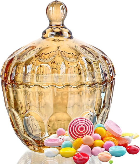 kanpura 11.5OZ Glass Candy Dish with Lid Candy Jars with lid Decorative Glass Storage Jar Cookie Jar with Lids for Office Desk Coffee Table Buffet Decor (Amber)
