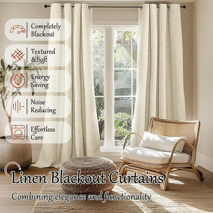 60 Inch Wide Linen Blackout Curtains for Living Room/Bedroom 84 Inch Length 2 Panels, Total Black Out Thermal Insulated Soundproof Grommet Boho Window Drapes White Liner for Modern Farmhouse, Cream