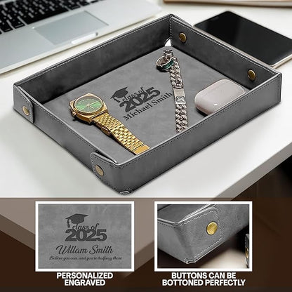 Engraved PU Leather Valet Tray – Personalized Catchall with Custom Name for Desk, Dresser, or Nightstand – Compact Organizer for Keys, Wallet, Jewelry – Graduation Gift for Him or Her – Grey