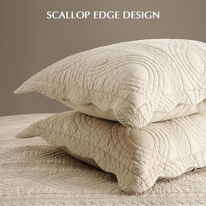 EVERGRACE 100% Cotton Scallop Quilt Set, King Size 3 Piece Set – Lightweight Bedspread with 2 Shams, Soft Prewashed Matelasse Coverlet for Cozy and Elegant Bedding, Flax Beige