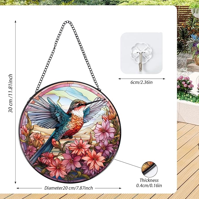 Rngmsi Hummingbird Flower Stained Glass Window Hanging, 7.8″ Sun Catchers with Hook Indoor Window Decor, Decorative Suncatchers Home Garden Art Gift for Bird Lovers Housewarming