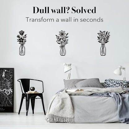CarryWise 3 Piece Metal Flower Wall Art for Bedroom Living Room Rustic Farmhouse Floral Wall Decor for Bathroom Dining Room Boho Home Decorations Modern Minimalism Walls Hanging Sculptures(Black)