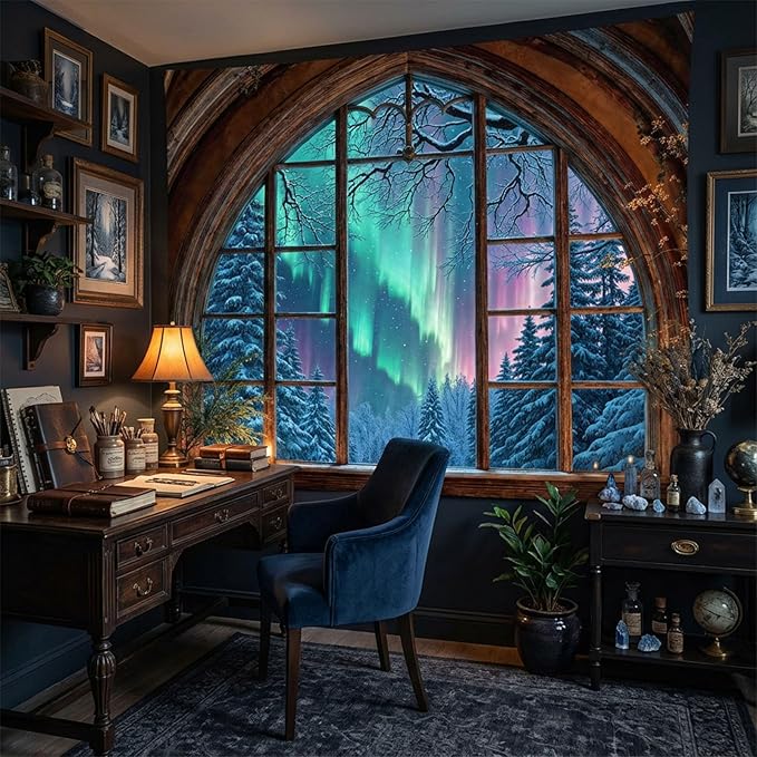 Lifeel Aurora Snowy Landscape Tapestry, Forest Winter Night Scenic Window Tapestries, Home Decor for Bedroom Living Room, 36x48 inches