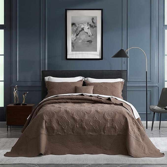 HZ & HY Oversized King Bedspread, Quilted Coverlet Bedding Set, Lightweight Thin Comforter, Reversible, 5 Piece, 100% Microfiber, Mocha