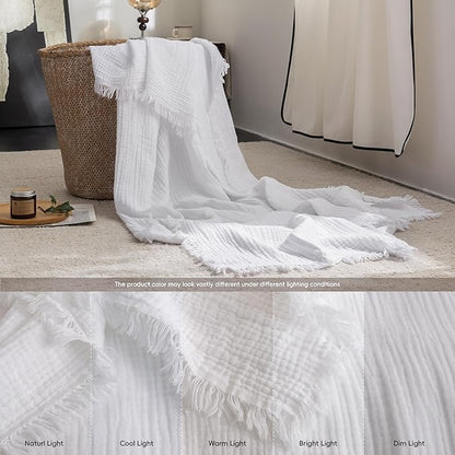 FOSSA Muslin Blanket with Fringe - 4-Layer 100% Cotton Gauze Super Soft & Breathable Throw -Lightweight Decorative Cooling Blanket for Bed, Sofa, Office -Super King 108" x 98" (Bright White)