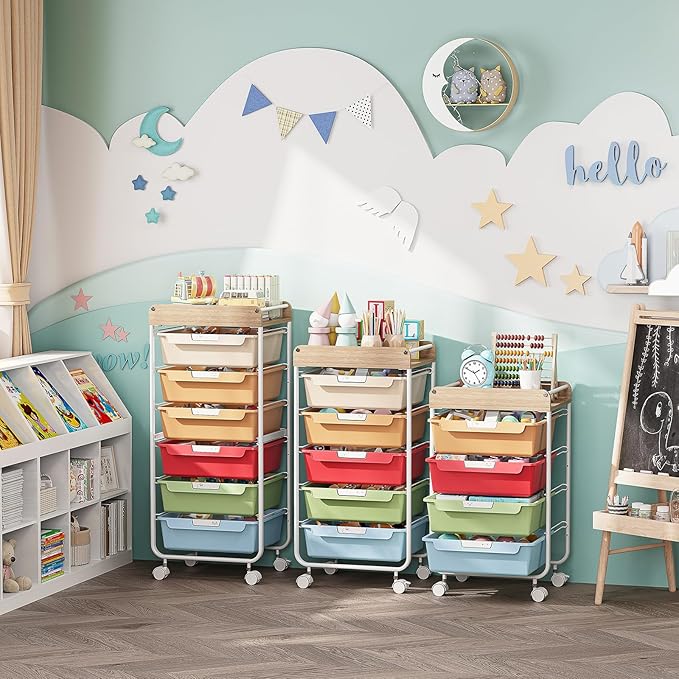 Rolling Storage Utility Cart with 6 Drawers,Art Supply Craft Organizer,Sewing Makeup Organizer and Storage,Office Organization Wooden Tabletop,Rainbow