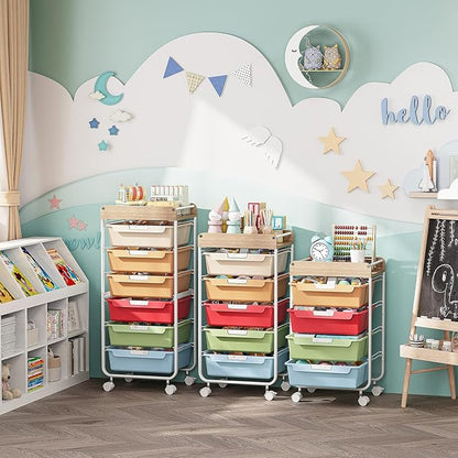 Rolling Storage Utility Cart with 6 Drawers,Art Supply Craft Organizer,Sewing Makeup Organizer and Storage,Office Organization Wooden Tabletop,Rainbow