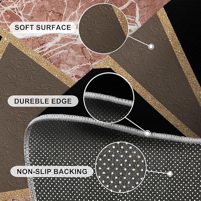 Black Gold Marble Rug Modern Geometric Marble Area Rug Mid-Century Minimalist Geometric Rugs Vintage Crackle Carpet Washable Non-Slip Carpet for Bedroom 7x10ft