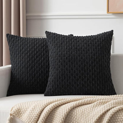 Kevin Textile 2 Packs Decorative Pillow Covers for Couch Outdoor Pillows Cover Boho Striped Velvet Pillow Covers Set of 2 40cm x 40cm 16 x 16 Inch Black