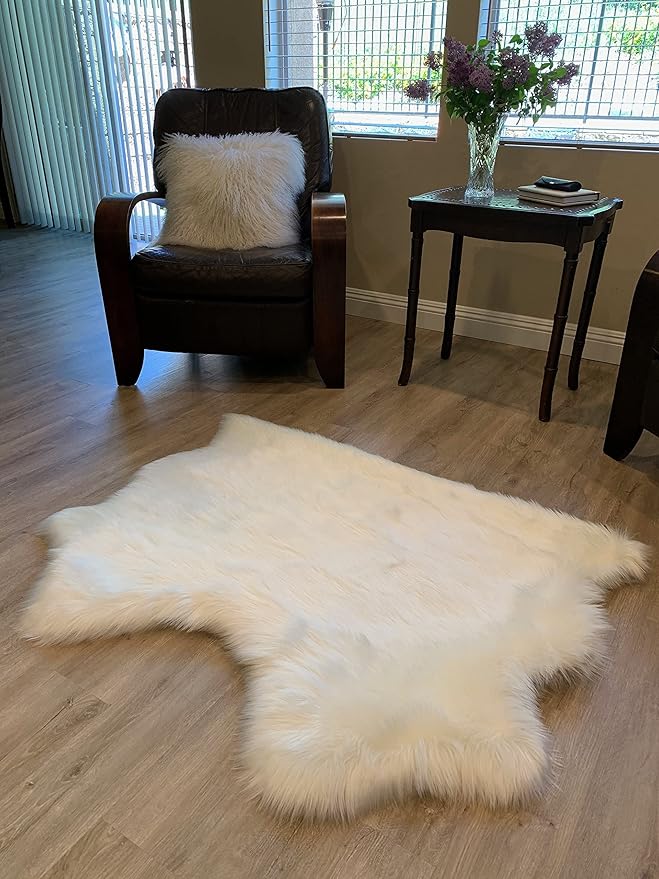 LAMBZY Faux Sheepskin Super Soft Hypoallergenic Silky Shag Rug for Living Room, Kids Room, Sofa (Double Side by Side 3'x4, White)