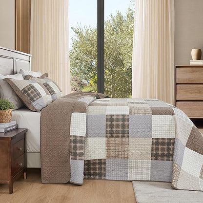 100% Cotton King Bedspread 120"x120", Oversized Quilt Bedspread Coverlet Set, Farmhouse Plaid Patchwork Pattern, Reversible Quilted Bedding Set, 3 Pieces, Khaki/Gray/Brown