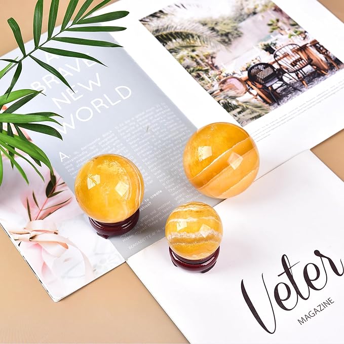JIC Gem Yellow Fluorite Crystal Ball with Wooden Stand Yellow Healing Crystal Sphere Ball for Feng Shui Decor Spiritual Gifts 60-70mm