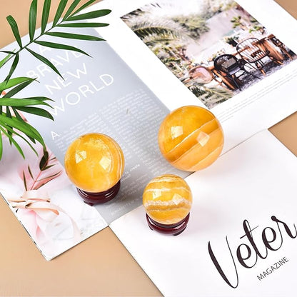 JIC Gem Yellow Fluorite Crystal Ball with Wooden Stand Yellow Healing Crystal Sphere Ball for Feng Shui Decor Spiritual Gifts 60-70mm