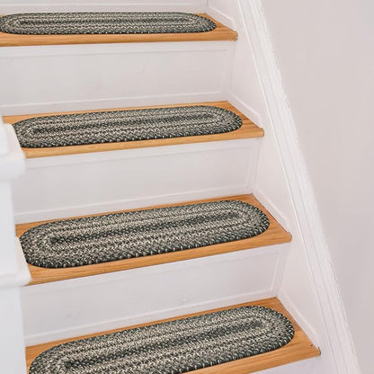 Homespice Flint Hill Jute Braided Staircase Step Treads, Warm Primitive Decor, Set of 13, Grey 8x28 Oval Rug for Stairs - Easy to Clean, Tightly Stitched and Durable