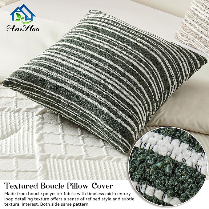 AmHoo Pack of 2 Textured Boucle Throw Pillow Covers Accent Striped Cozy Soft Decorative Couch Cushion Case for Chair Sofa Bedroom Living Room Home Decor 20 x 20-Inch Black Forest