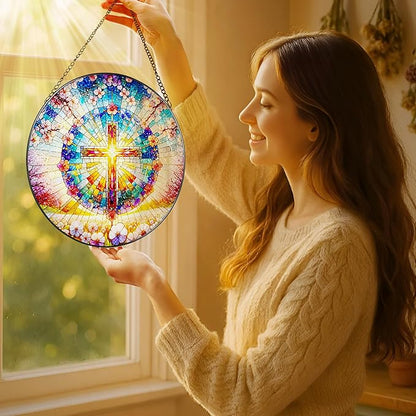 8 Inches Cross Stained Glass Suncatcher, Stained Glass Window Hanging, Spiritual Sun Catcher, Cross Ornament Gift, Christian Home Decor, Christian Gifts, Religious Gifts, Gift for Christmas