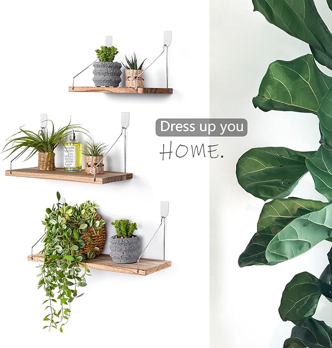 MITIME Floating Shelves Set of 3 Rustic Solid Wood Floating Shelf Wall Storage Shelves for Living Room, Bedroom, Bathroom, Kitchen Laundry, Office,no Drill Shelf (Light Color L+M+S)
