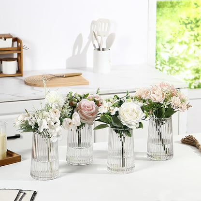Clear Glass Vases Set of 4, Small Vases for Flowers, Flower Vase for Bouquet, Modern Ribbed Glass Vase for Living Room, Bedroom, Dining Table, Office, Wedding, Centerpieces