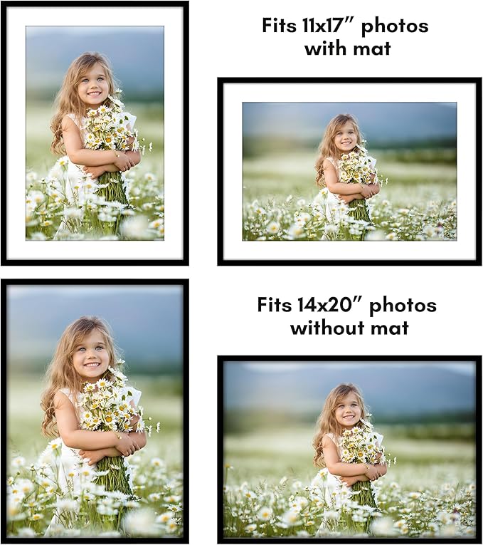 Americanflat 14x20 Picture Frame with Polished Plexiglass - Use as 11x17 Frame with Mat or Display 14x20 Photo Without Mat - Streamline Collection - Thin Border Picture Frames for Wall - Black
