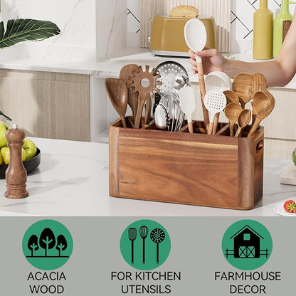 ZUJJAFY Utensil Holder, Extra Large Kitchen Utensil Holder for Counter with 4 Compartments, Wooden Kitchen Utensils Organizer for Countertop Cooking Spatula Storage, Acacia Wood