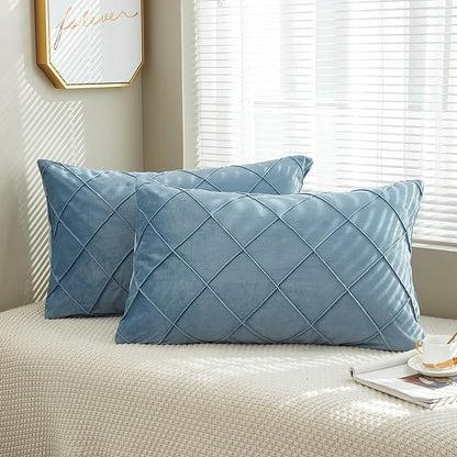 JAUXIO Diamond Pinch Pleated Crystal Velvet Pillowcases 2 Pack Solid Pintuck Throw Cushion Cover for Home Decor Hidden Zipper Closure (Dusty Blue, King)