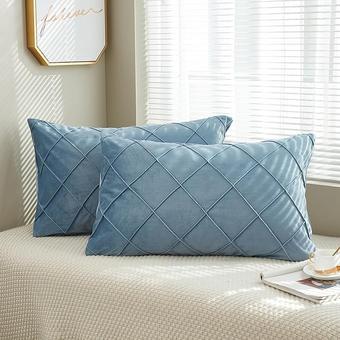 JAUXIO Diamond Pinch Pleated Crystal Velvet Pillowcases 2 Pack Solid Pintuck Throw Cushion Cover for Home Decor Hidden Zipper Closure (Dusty Blue, Standard)