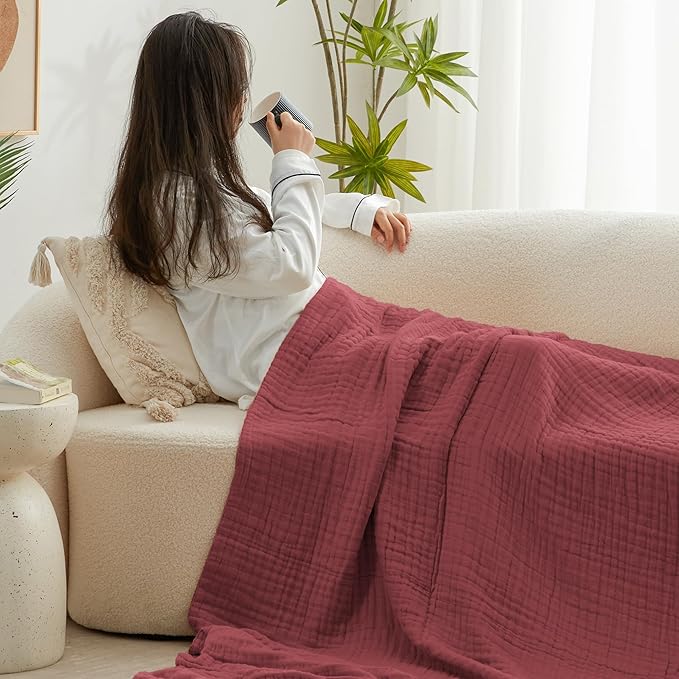 Love's cabin 6 Layer 100% Cotton Muslin Blanket, 108"x90" Muslin King Size Blanket for Bed Couch, Lightweight and Breathable Cotton Gauze for Adult, Wine Red