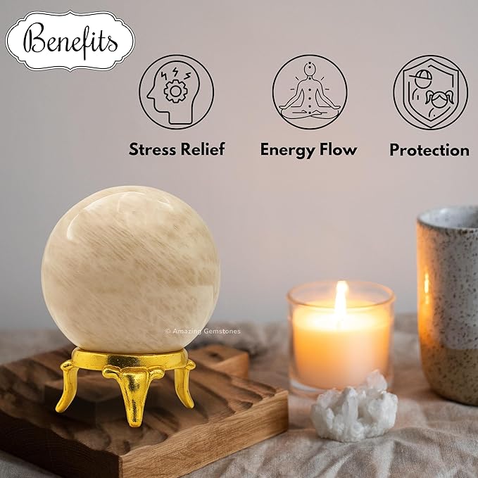 Amazing Gemstone Cream Moonstone Crystal Ball with Stand - 1.5 Inches Crystal Sphere Meditation Balls for Witchcraft and Decorative Balls