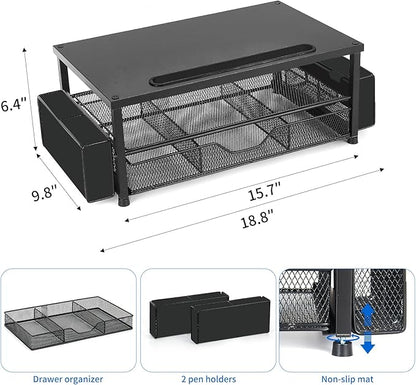 AUPSEN Wood Computer Monitor Stand Riser, 2-Tier Black Desk Organizer with Drawer, Pen Storage & Phone Holder ，Office Desk Accessories Desktop Organizer for Office Supplies